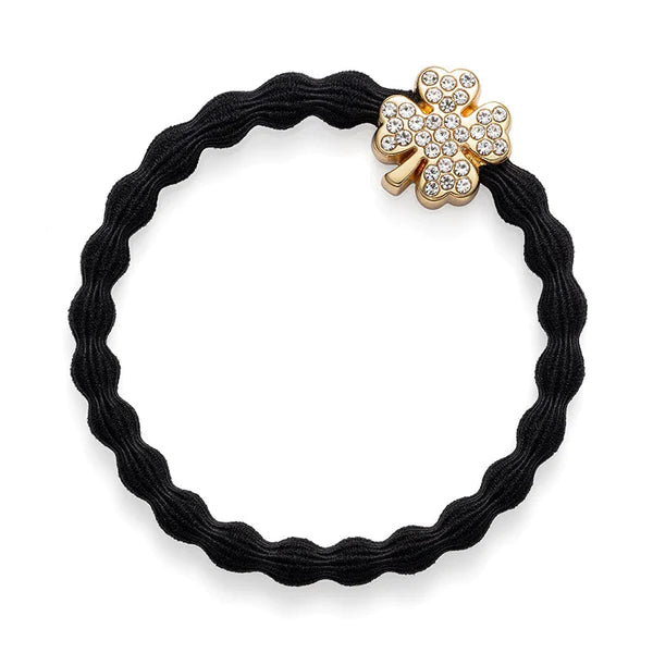 ByEloise Haarelastiek/ Armband - Gold diamanté clover black